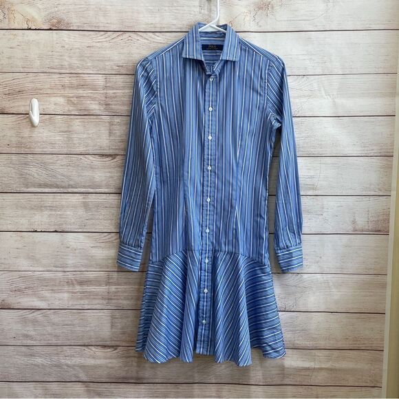 NEW WITHOUT TAGS POLO RALPH LAUREN RUFFLE SHIRTDRESS IN BLUE STRIPES - Picture 1 of 8